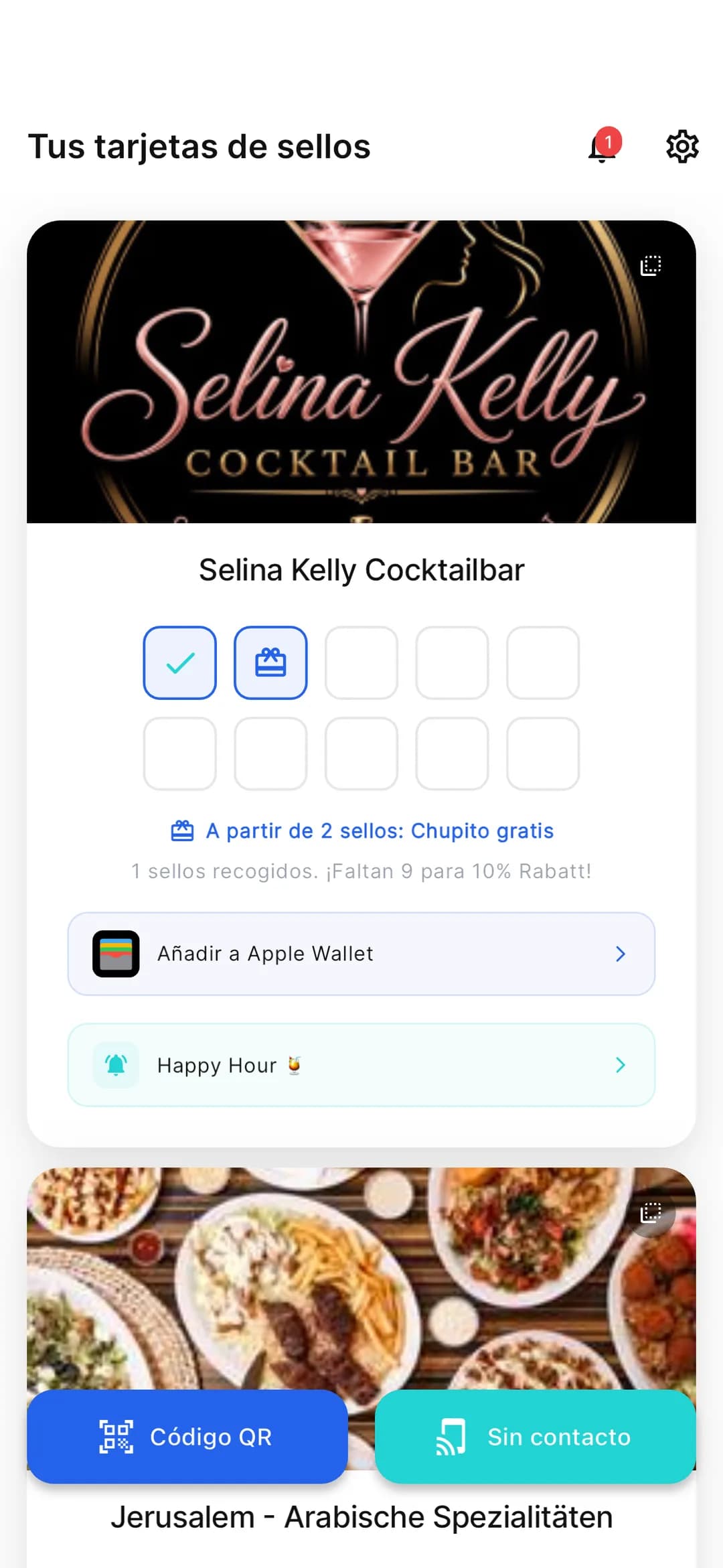 App de Stempely: pantalla de inicio con varias tarjetas de fidelidad