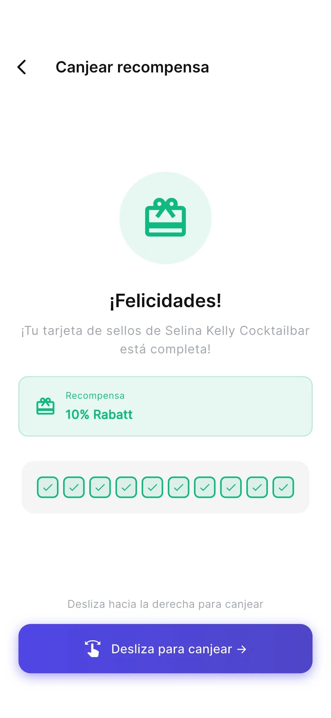App de Stempely: tarjeta de fidelidad llena con el botón «Canjear»