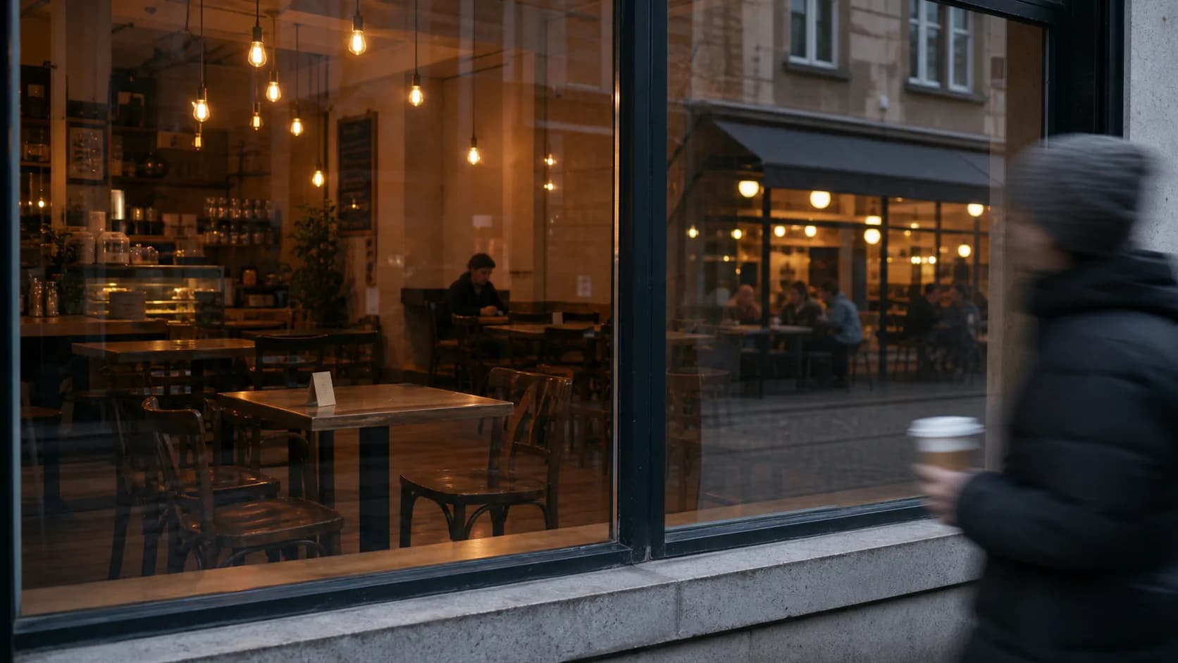 Cafetería vacía por la tarde — símbolo de la ausencia de clientes