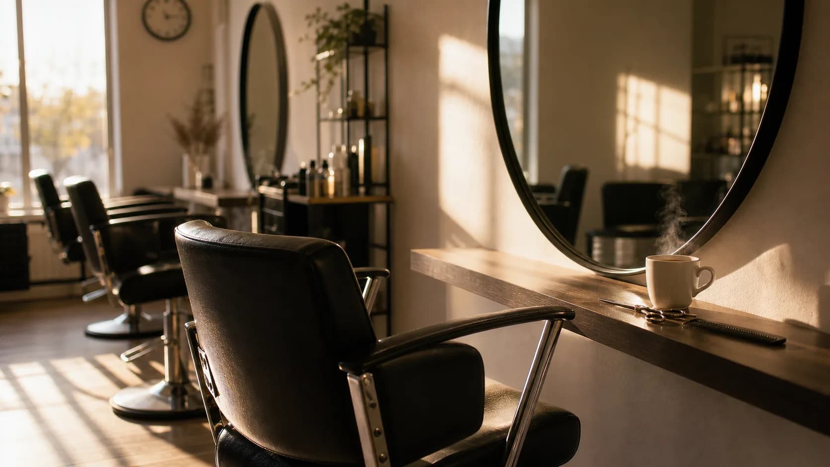 Sillón de peluquería vacío bajo una cálida luz de tarde — símbolo de las clientas habituales atrasadas