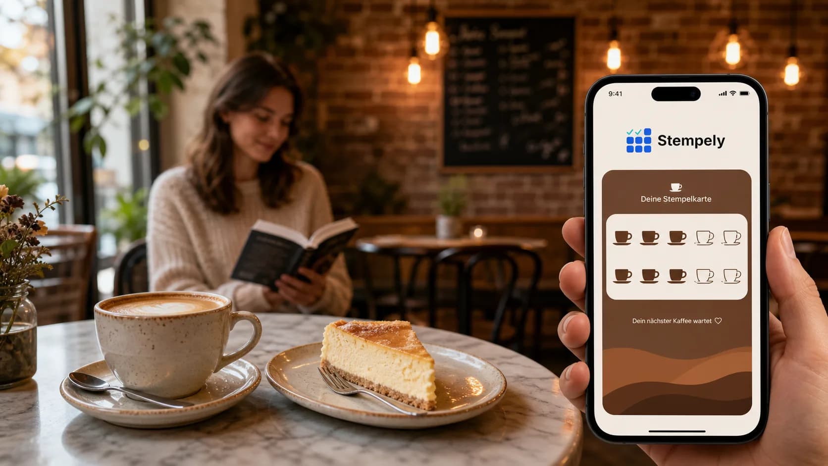 Barista con la app Stempely en la máquina de espresso, tarjeta de sellos digital para cafetería y coffee shop
