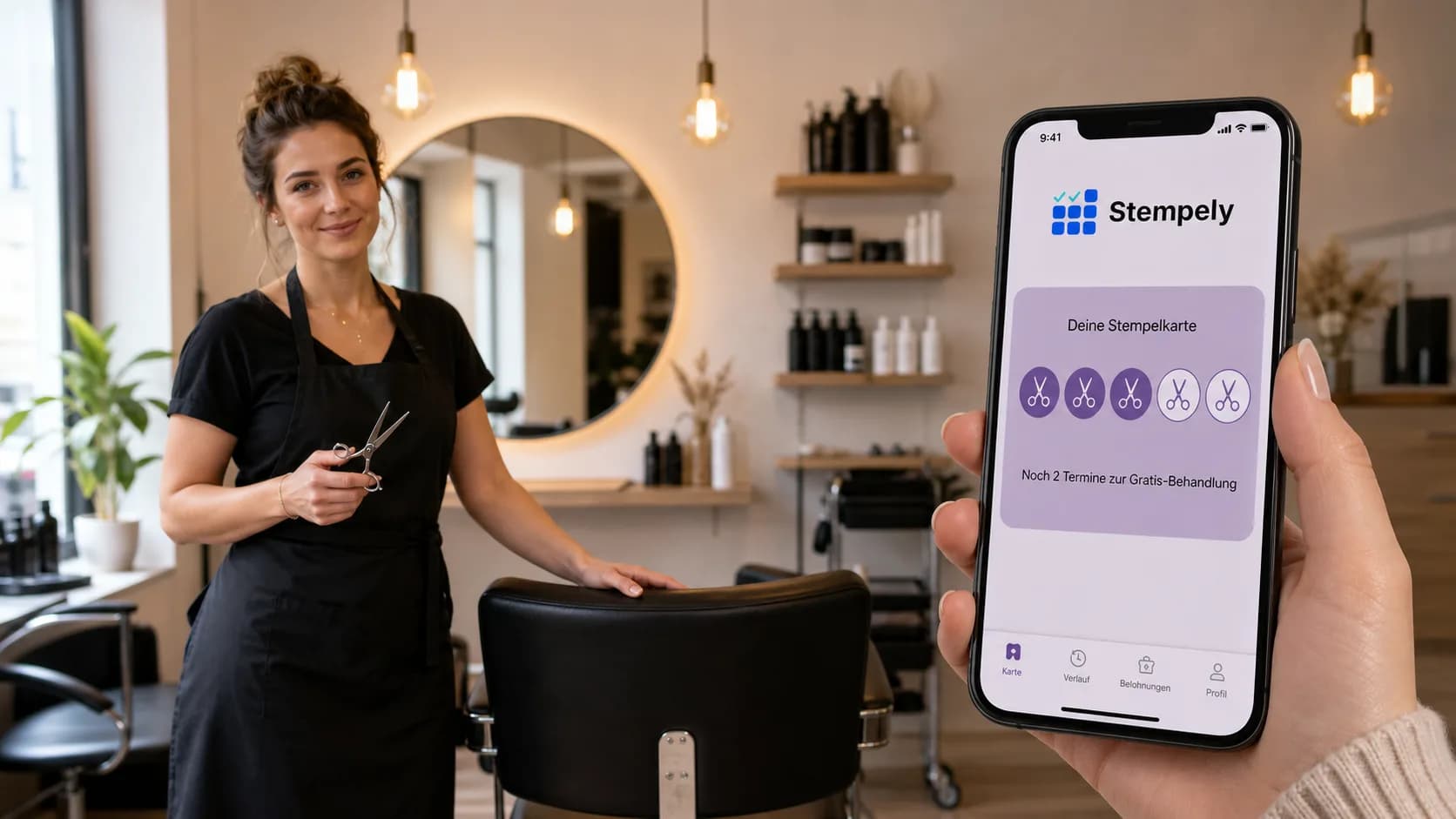 Peluquero con la app Stempely en el mostrador del salón, tarjeta de fidelidad digital para peluquería y barbería