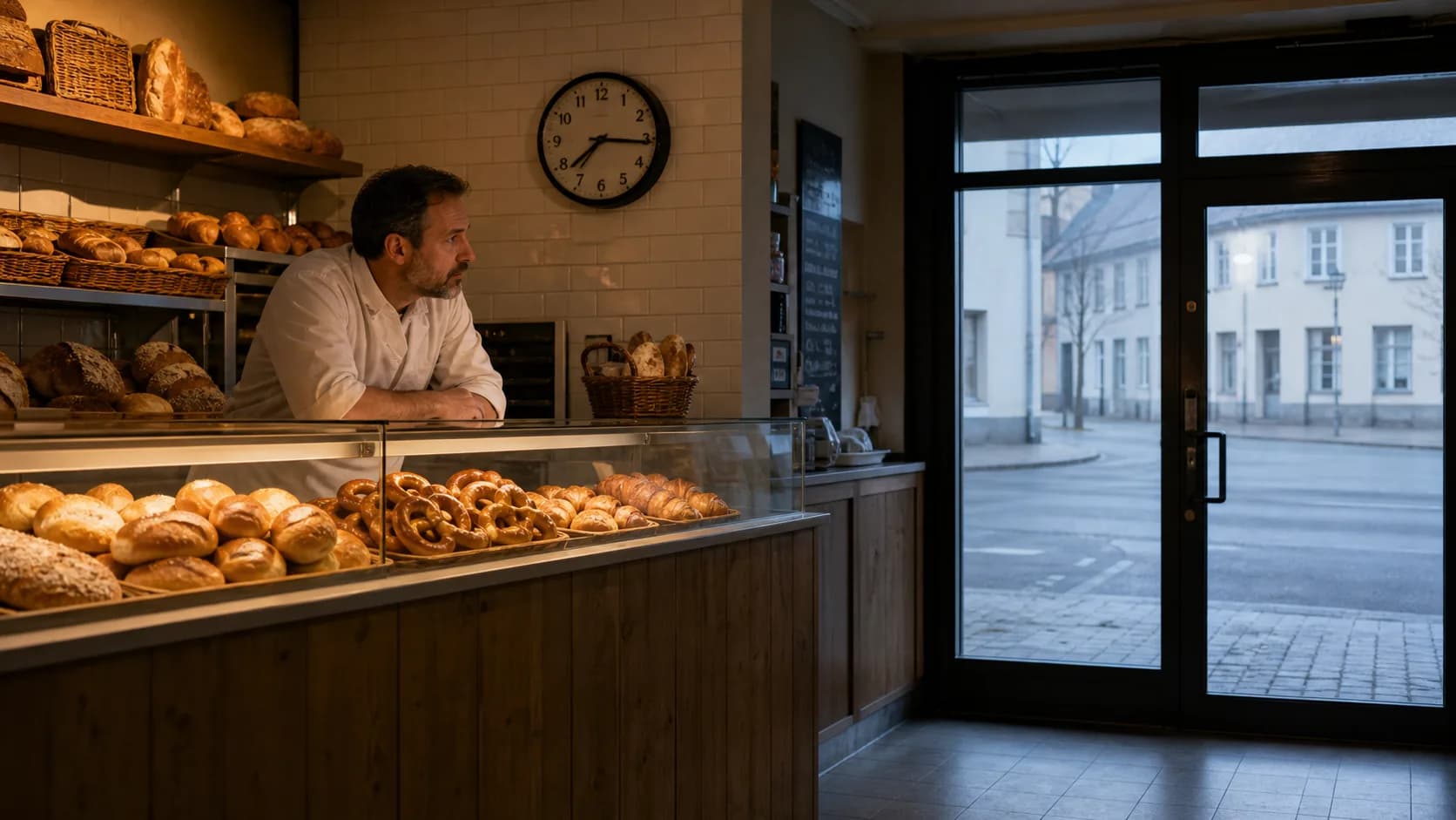 Mostrador de panadería vacío a primera hora de la mañana — símbolo de los habituales que dejan de venir