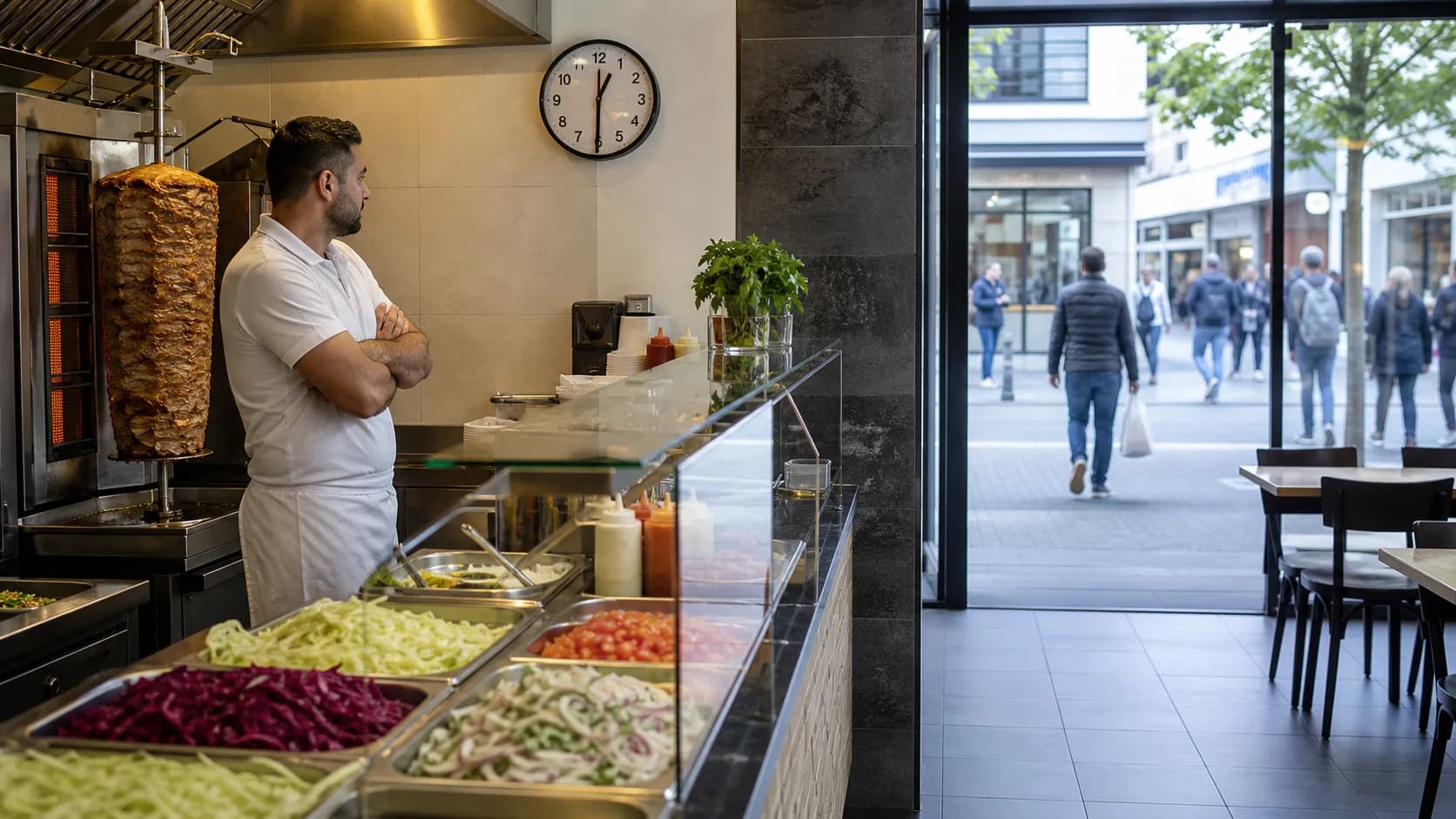 Kebab vacío a mediodía — símbolo de los clientes de paso que faltan