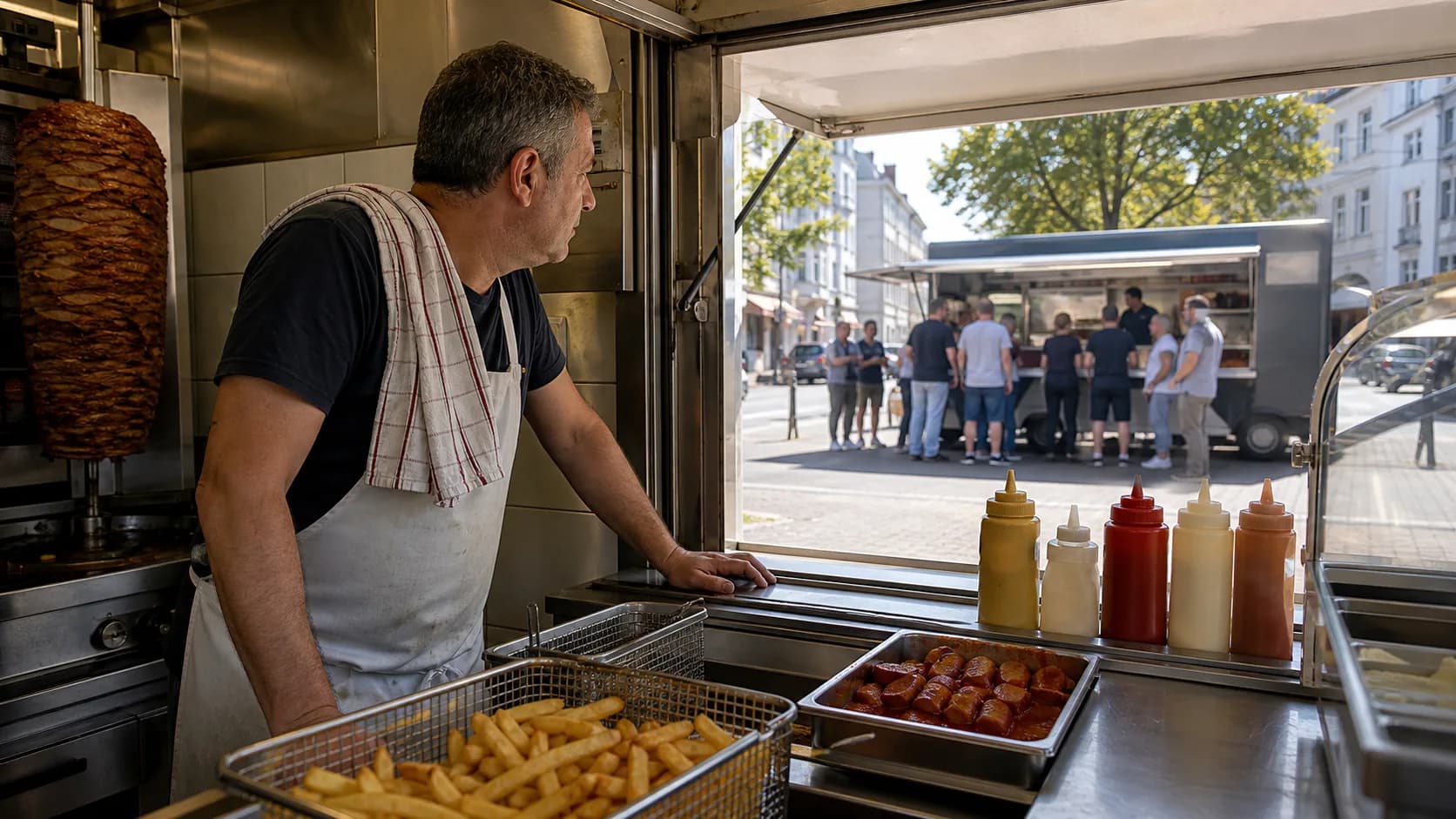 Mostrador vacío de un puesto de comida a la hora del almuerzo — símbolo de la falta de clientela de paso
