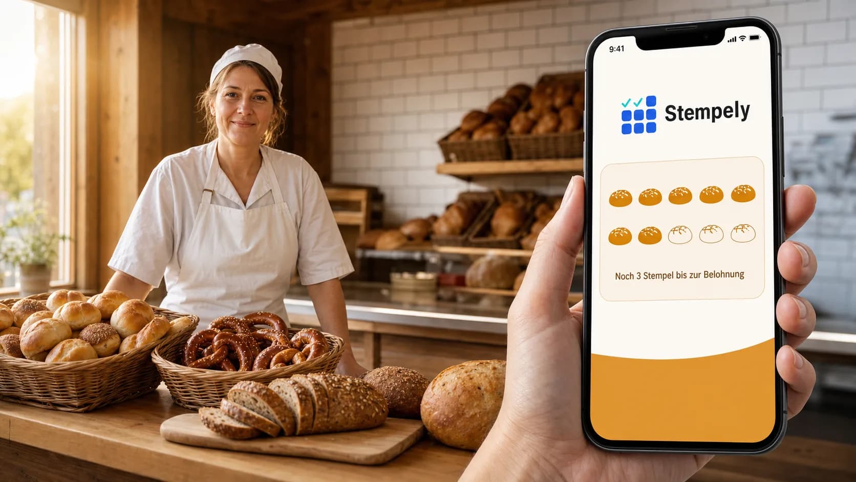 Panadera usando la app Stempely en el mostrador del pan, tarjeta de sellos digital para panadería y despacho de pan