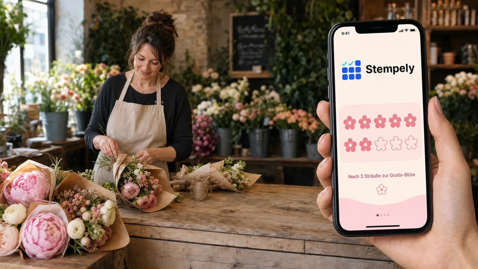 Florista con la app de Stempely en la mesa de atado, tarjeta de sellos digital para floristería