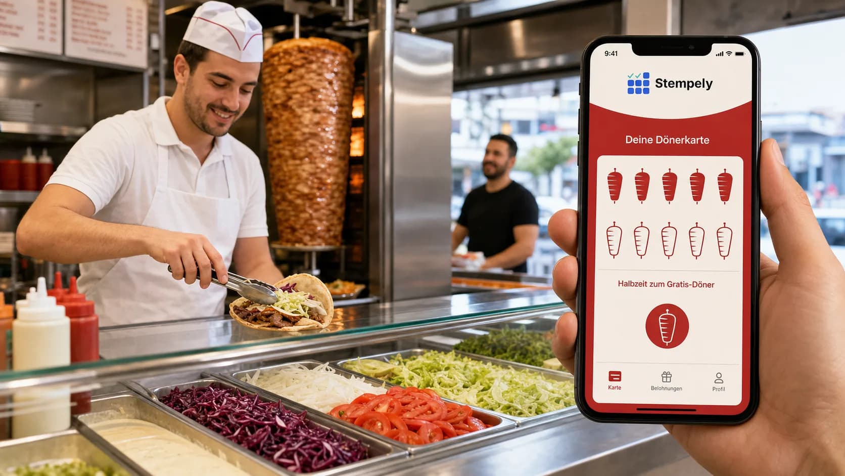 Maestro del döner con la aplicación Stempely en el mostrador, tarjeta de fidelidad digital para kebab