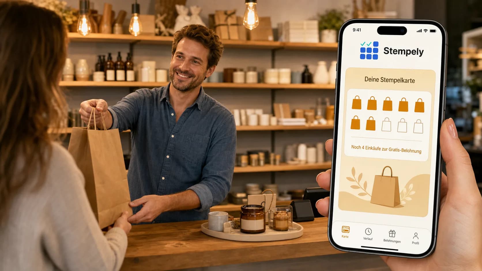 Vendedora con la app de Stempely en la caja, tarjeta de fidelidad digital para comercio y boutique