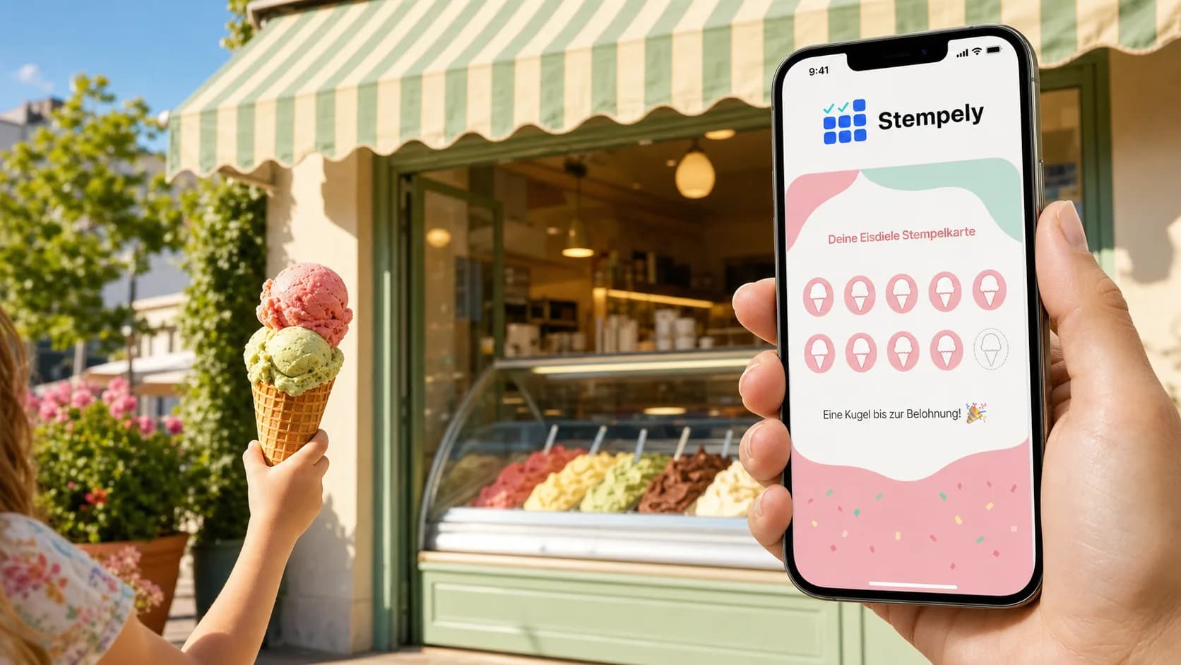 Heladero con la app de Stempely en la vitrina de helados, tarjeta de sellos digital para heladería y gelatería