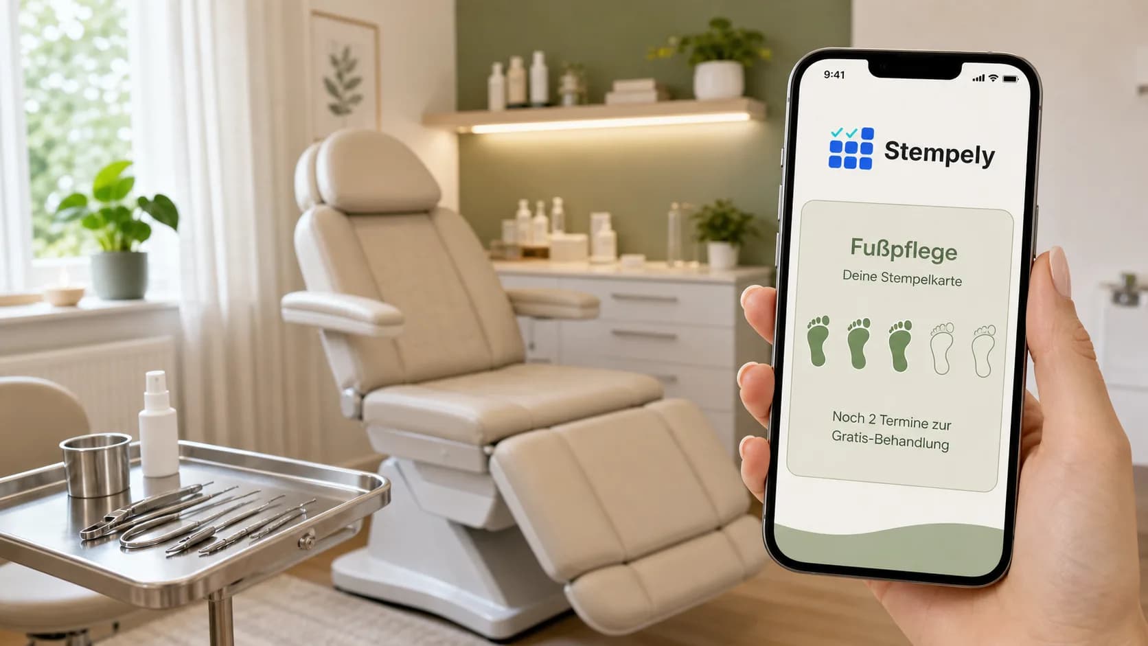 Especialista en cuidado de pies con la app Stempely en la sala de tratamiento, tarjeta de sellos digital para el cuidado de pies y la podología