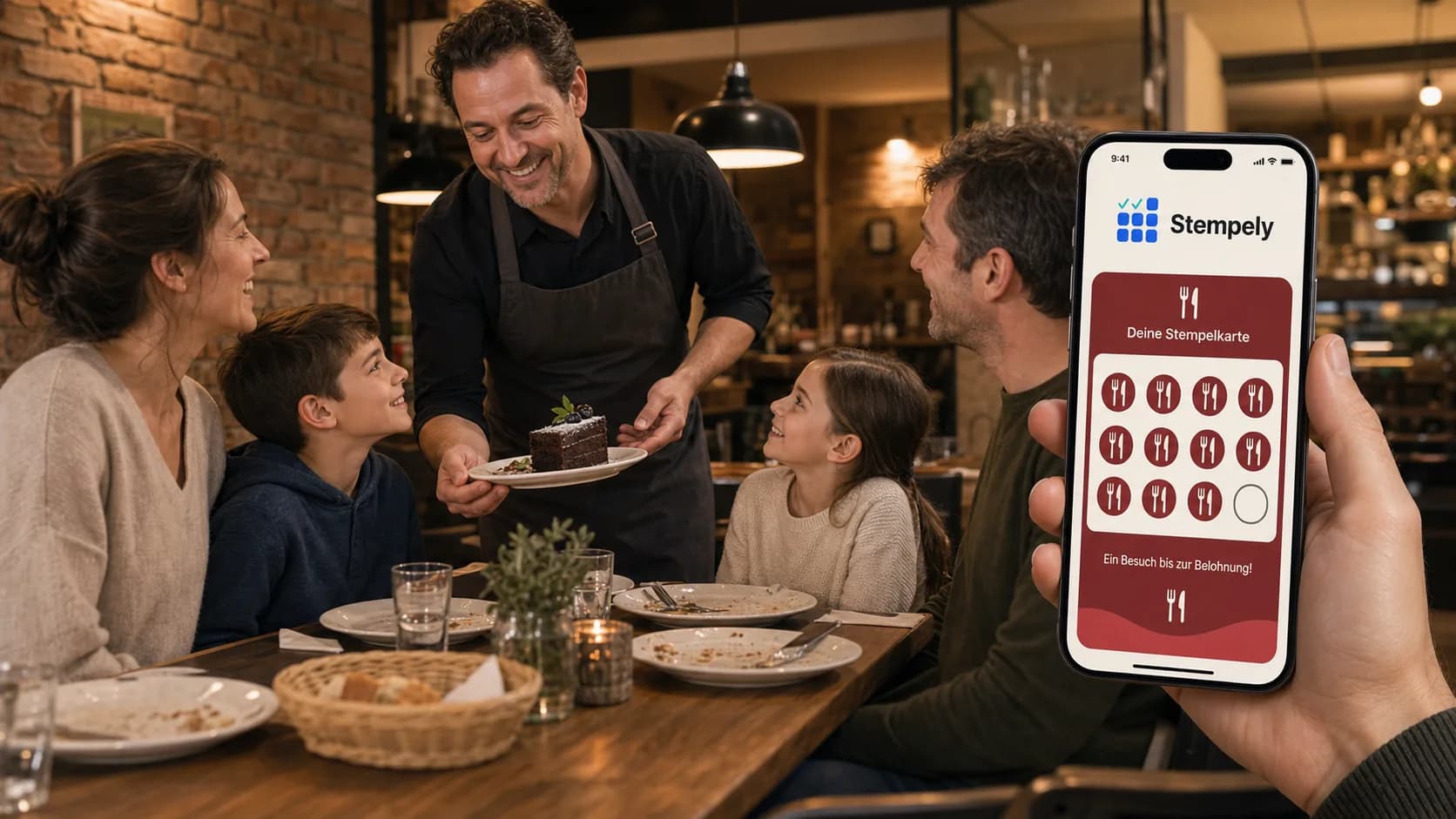 Camarera con la app de Stempely en una mesa de restaurante, tarjeta de fidelidad digital para hostelería y restaurantes