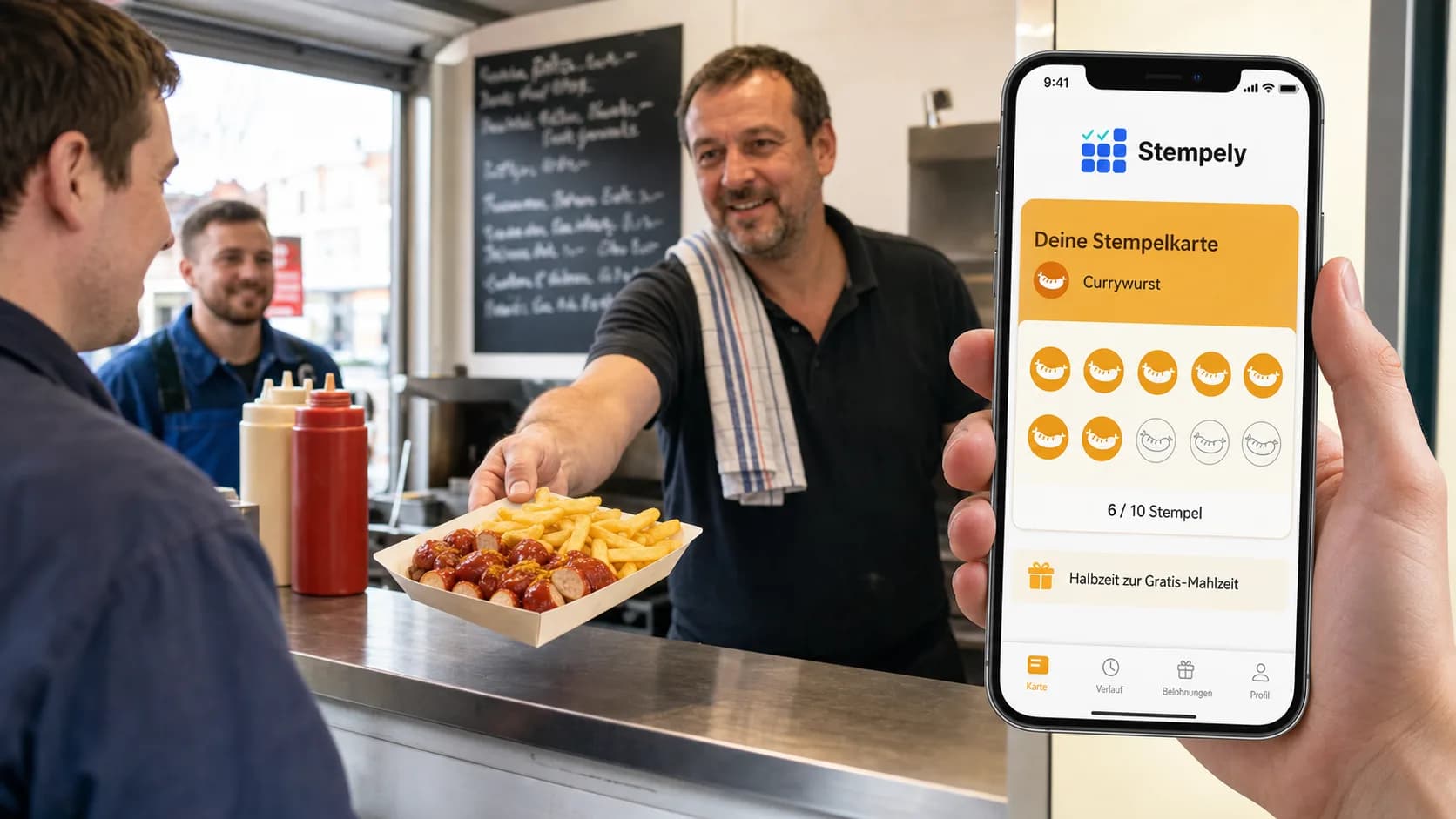 Dueño de puesto de comida con la app Stempely en el mostrador, tarjeta de fidelidad digital para puesto de comida y snack bar