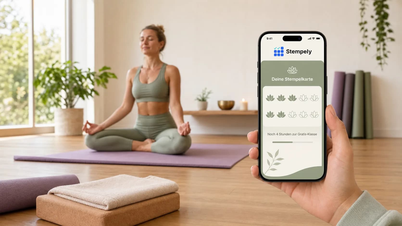 Profesora de yoga con la app Stempely en la sala del estudio, tarjeta de fidelidad digital para estudio de yoga y estudio de Pilates