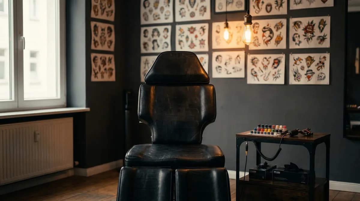 Sillón de tatuaje vacío en el estudio — símbolo de clientes ausentes
